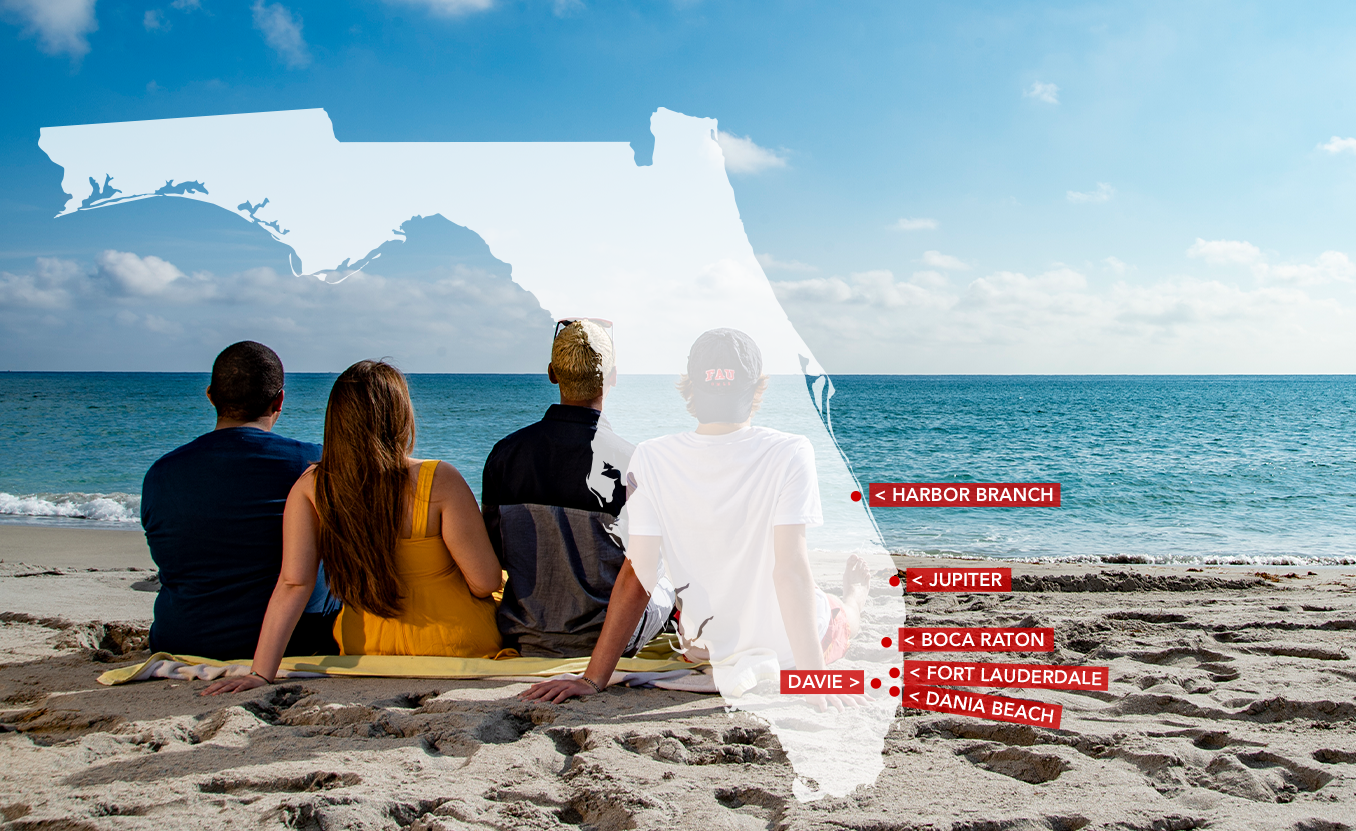 Three students sitting on a towel on the beach. A map of florida overlays the image that reads out the 6 campus locations with arrows pointing to their location on the map. A red box sits in the top right corner that says '6 campuses 1 鶹Ů'